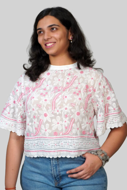 Ziva Chikankari Georgette White with Pink and White Embroidery Crop Top