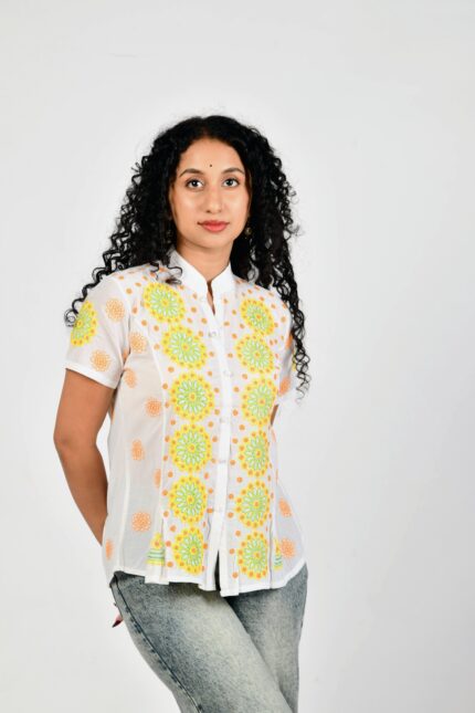 Ria Chikankari Cotton White with Yellow, Orange and Green embroidery