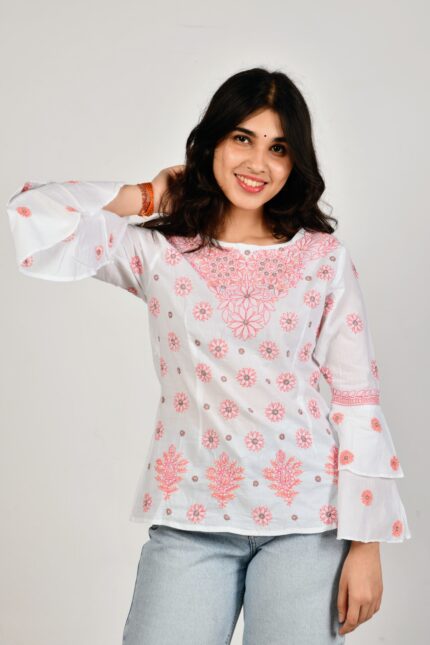 Mehr Chikankari Cambric Cotton White with Pink, Peach & Mauve Embroidery Top