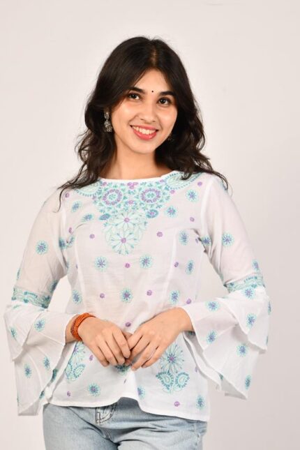 Mehr Chikankari Cambric Cotton White with Blue, Green and Purple Embroidery Top
