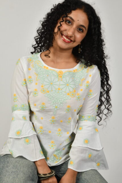 Mehr Chikankari Cambric Cotton White with Green, Yellow and Orange Embroidery Top