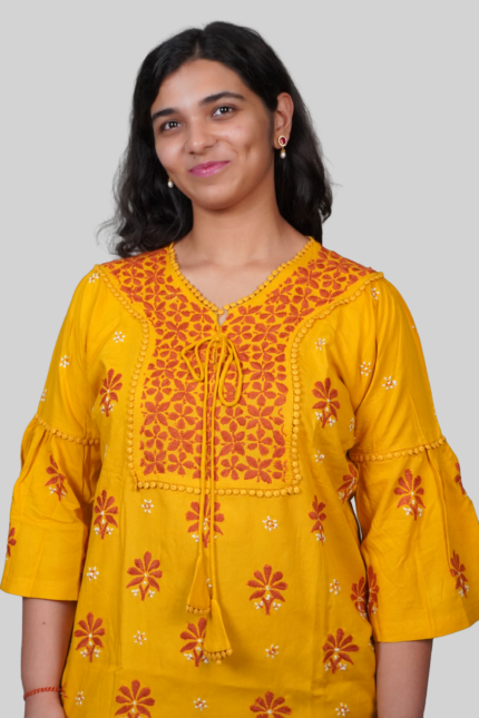 Reya Chikankari Rayon Yellow with Orange and White Embroidery Top