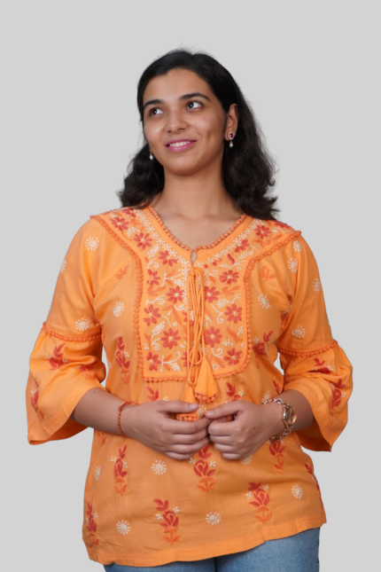 Reya Chikankari Rayon Orange with Red, White and Orange Embroidery Top