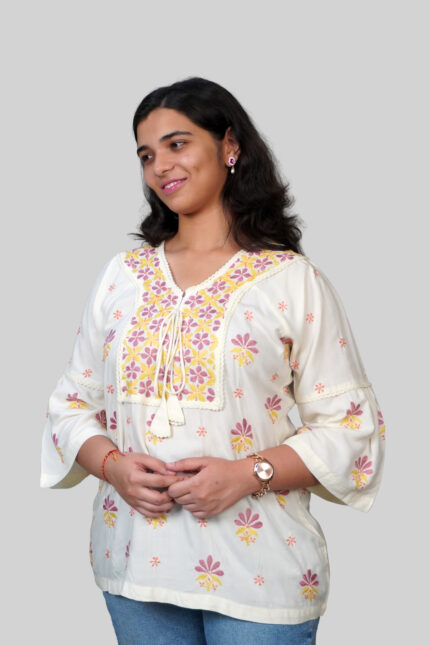 Reya Chikankari Rayon White with Lilac, Yellow and Peach Embroidery Top