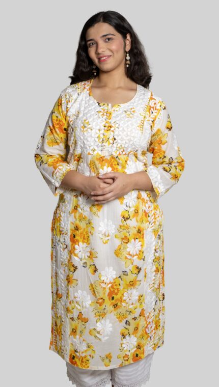 Saanjh Chikankari Cotton Blend Yellow and Orange Print with White Embroidery Straight Long Kurti